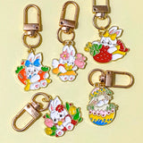 easter spring cute kawaii enamel charm charms pendants keyring keyring key chain clip clips bag charm charms gift gifts bunny rabbit rabbits bunnies pocket present strawberry carrot flower flowers floral uk stationery shop store