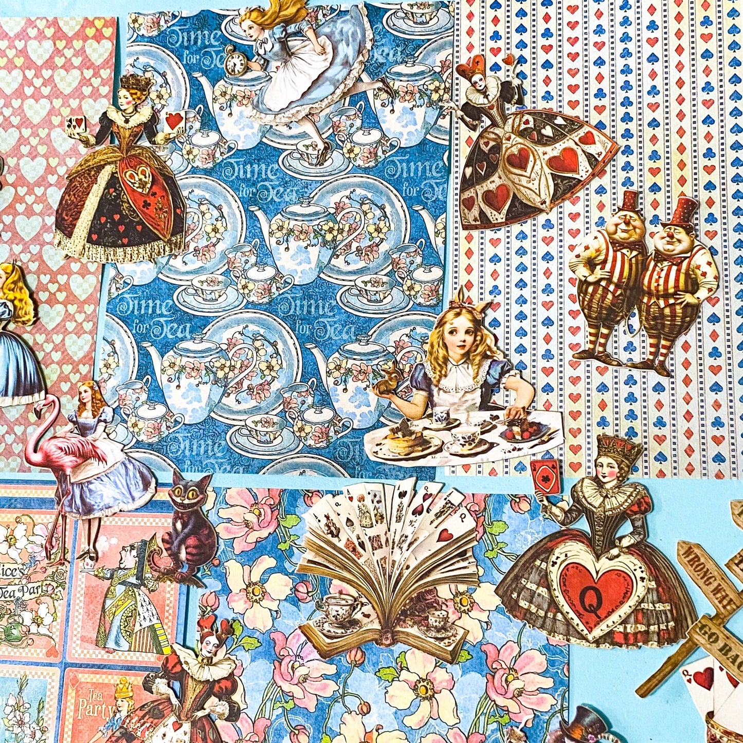 alice in wonderland ephemera sticker pack with scrapbook papers, die cut card stickers in a tea party theme with the write rabbit, queen of hearts, alice and cheshire cat decals