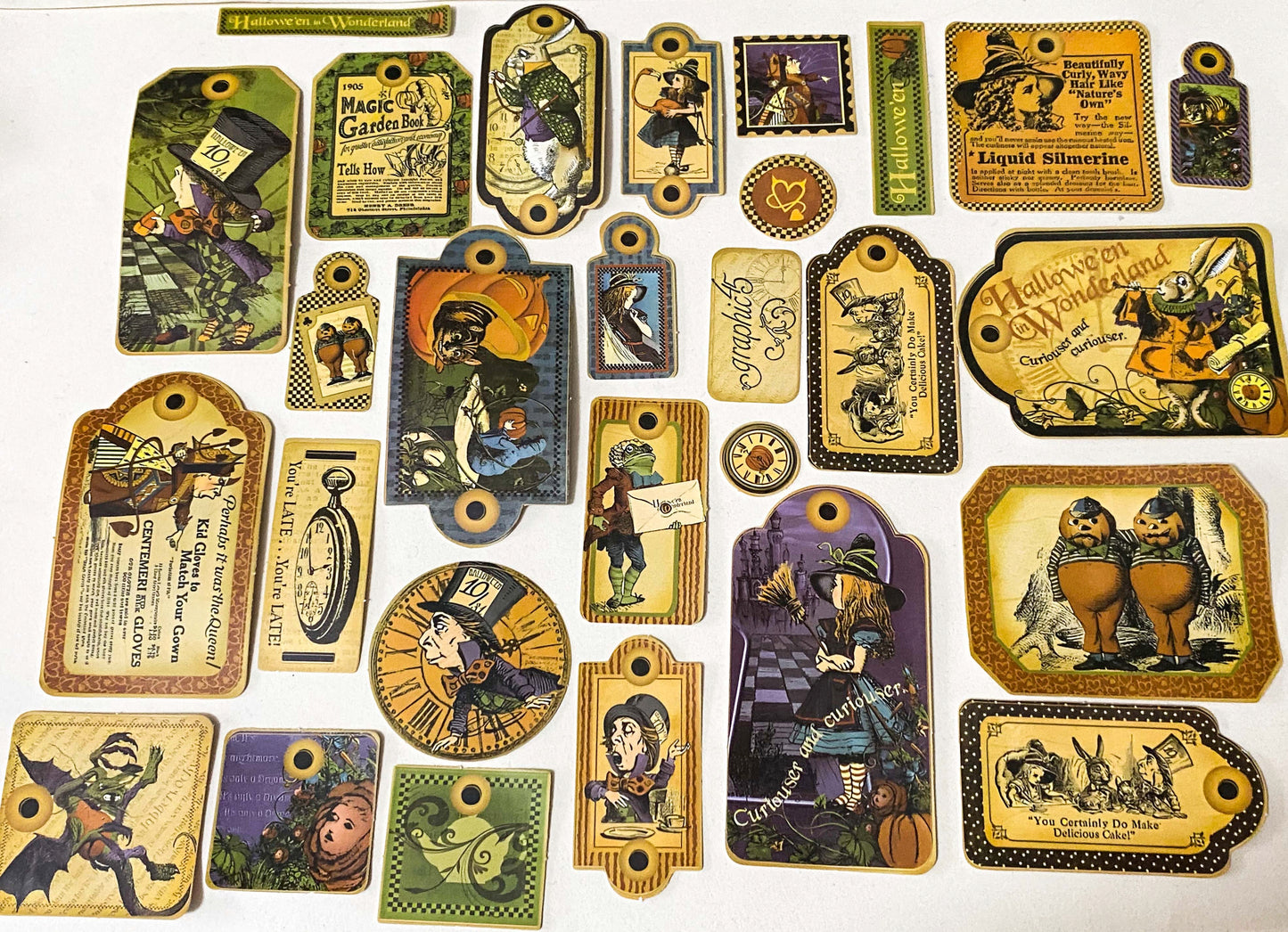 mixed sized vintage label stickers inspired by Alice in Wonderland, including typography, characters and decorative tag shapes in sepia and autumn colours