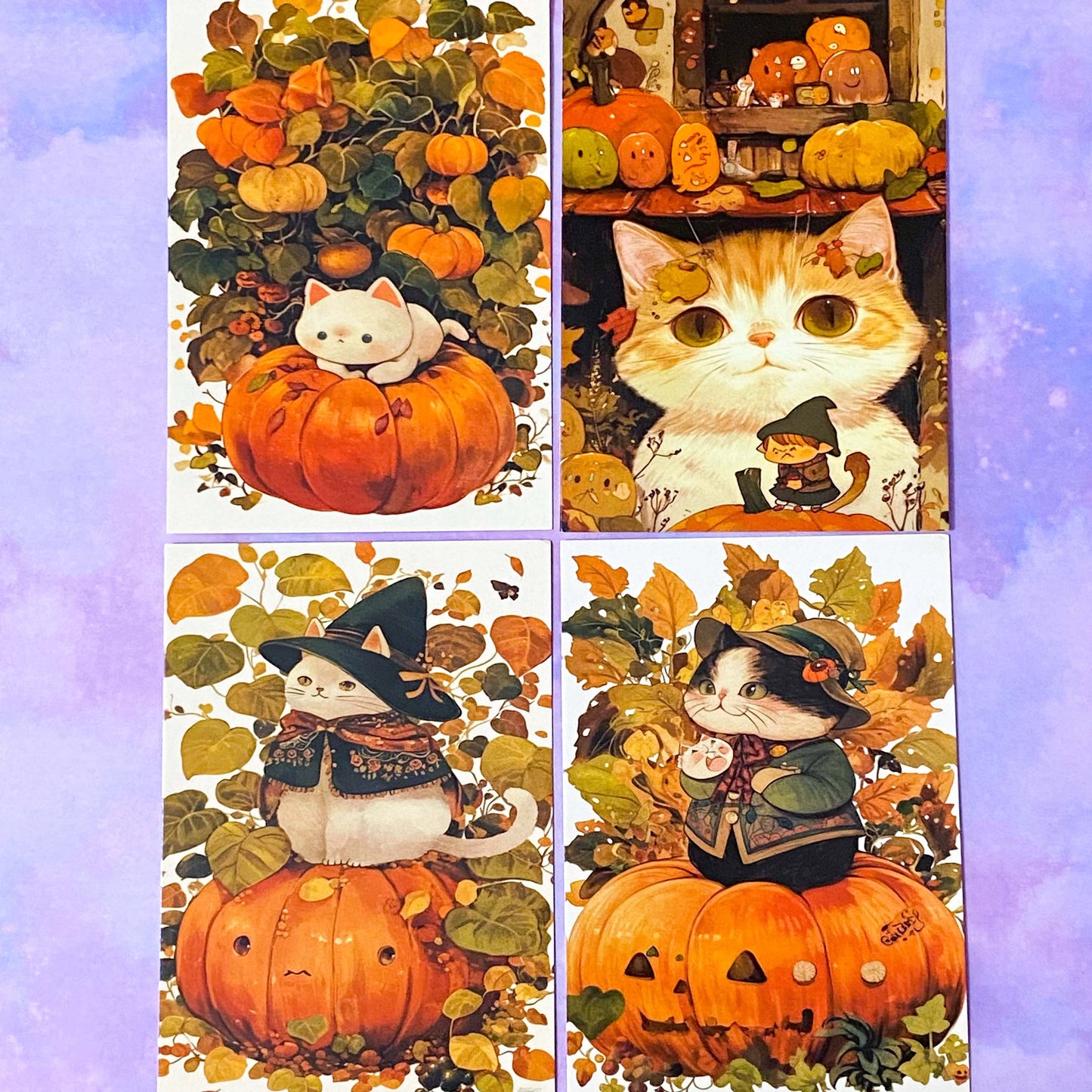 cute kawaii spooky halloween postcard postcards post card cards uk orange sepia vintage retro vibes set of 4 cat cats pumpkin pumpkins haunted house houses