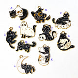witch witches cat cats black white enamel enamelled charm charms pendant gold tone metal uk cute kawaii occult spooky halloween craft supplies shop store jewellery making skull ghost hat magic magical