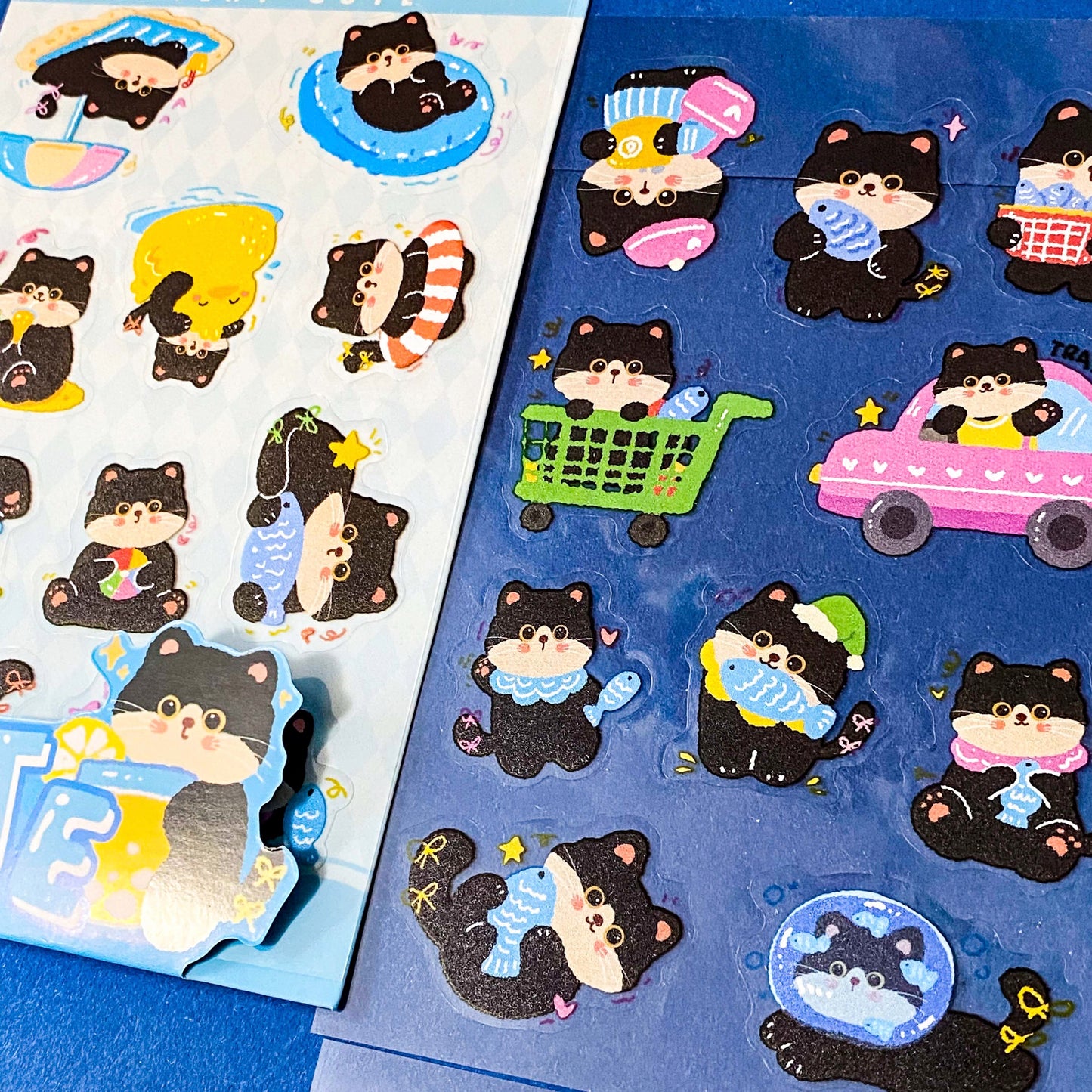 tuxedo black and white cat kawaii cartoon cats matte PET sticker packs of 4 sheets with colourful cute designs including summer holiday, christmas, party and fruits. uk stationery shop.
