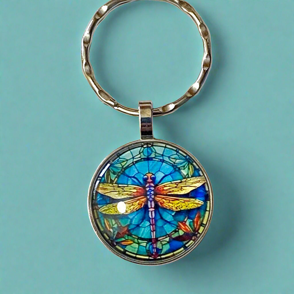 dragonfly dragonflies cute kawaii glass cabochon keyring keyrings key ring rings chain silver uk gift gifts shop store purple pink blue turquoise gold green lilac