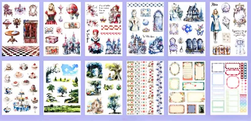 large Alice's Journey paper sticker book featuring 20 big matte pages of wonderland inspired fantasy stickers with castles, mushrooms, florals, vintage frames and blue fairytale illustrations