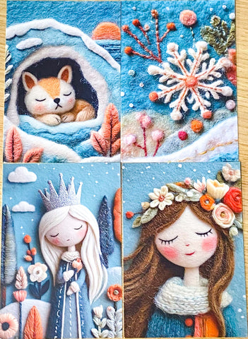 winter postcard post card cards cute kawaii set pack of 3  beautiful snowy christmas stationery uk shop store planner addict 3d sewn sewing embroidery felt fox foxes tree trees girl girls snowman blue orange colourful bright vibrant