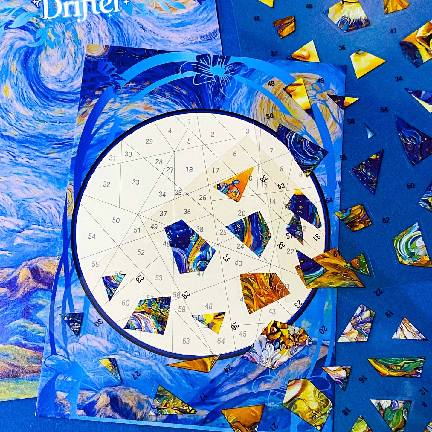 soul guardian lion and goddess colourful mosaic art picture kit with 2 sheets PET stickers and card base board. Mindfulness activity or gift. Blue, orange and yellow design in art nouveau inspired style.
