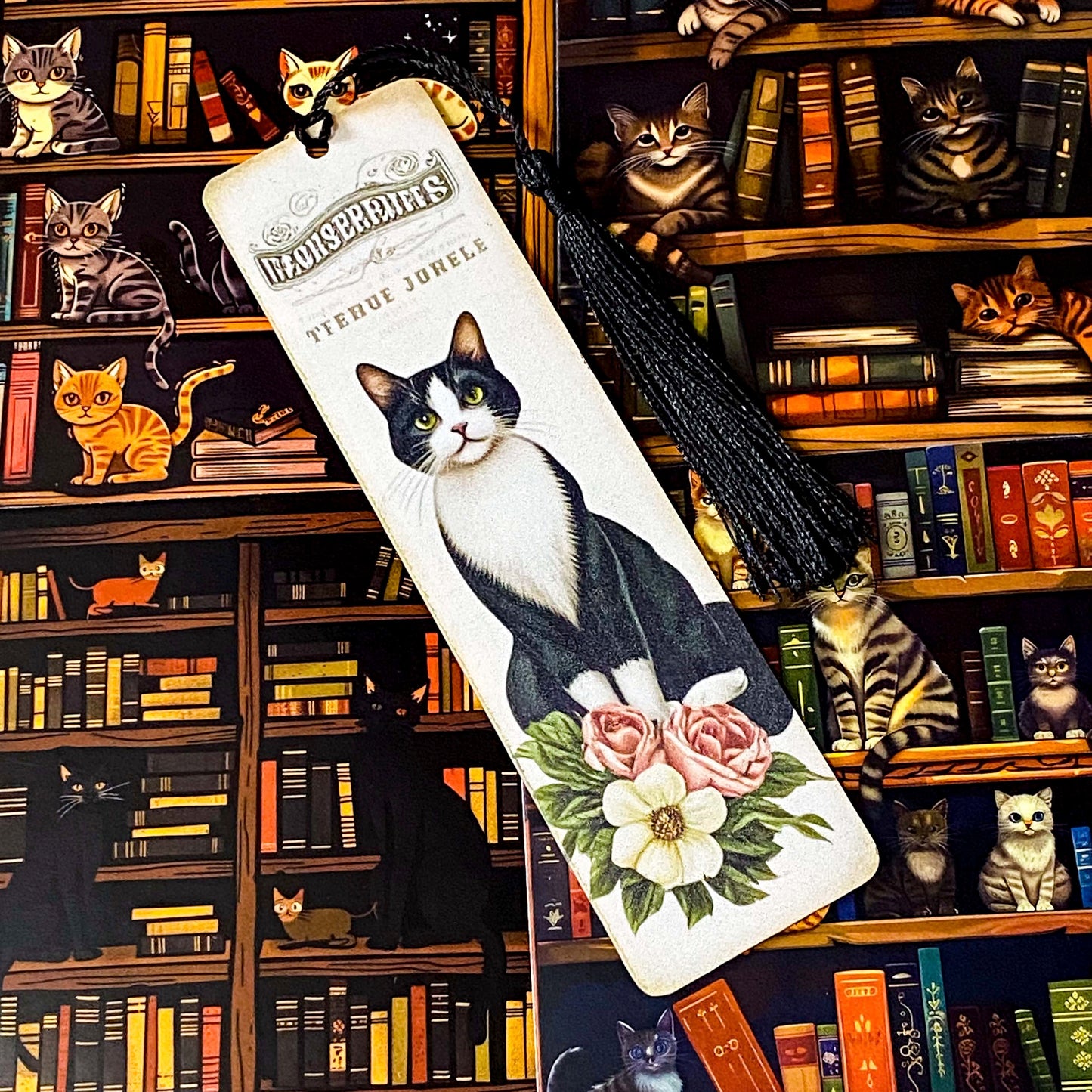 cats in the library vintage bookish gift bundle with acrylic black tassel bookmark and 3 cats postcards. uk cute letterbox mini gifts.