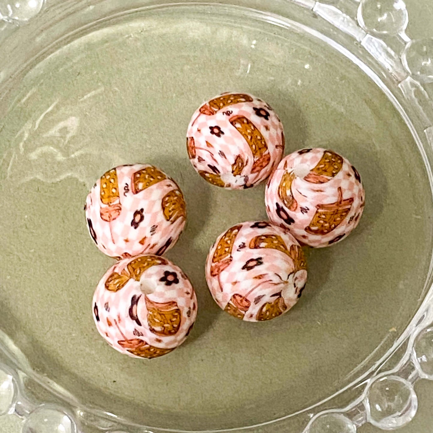 cosy autumn silicone bead bundle with bright teal green, mustard orange round beads and patterned pumpkin and cute drink beads with kawaii drink cup jumbo topper beads. uk craft supplies for making beaded pens.