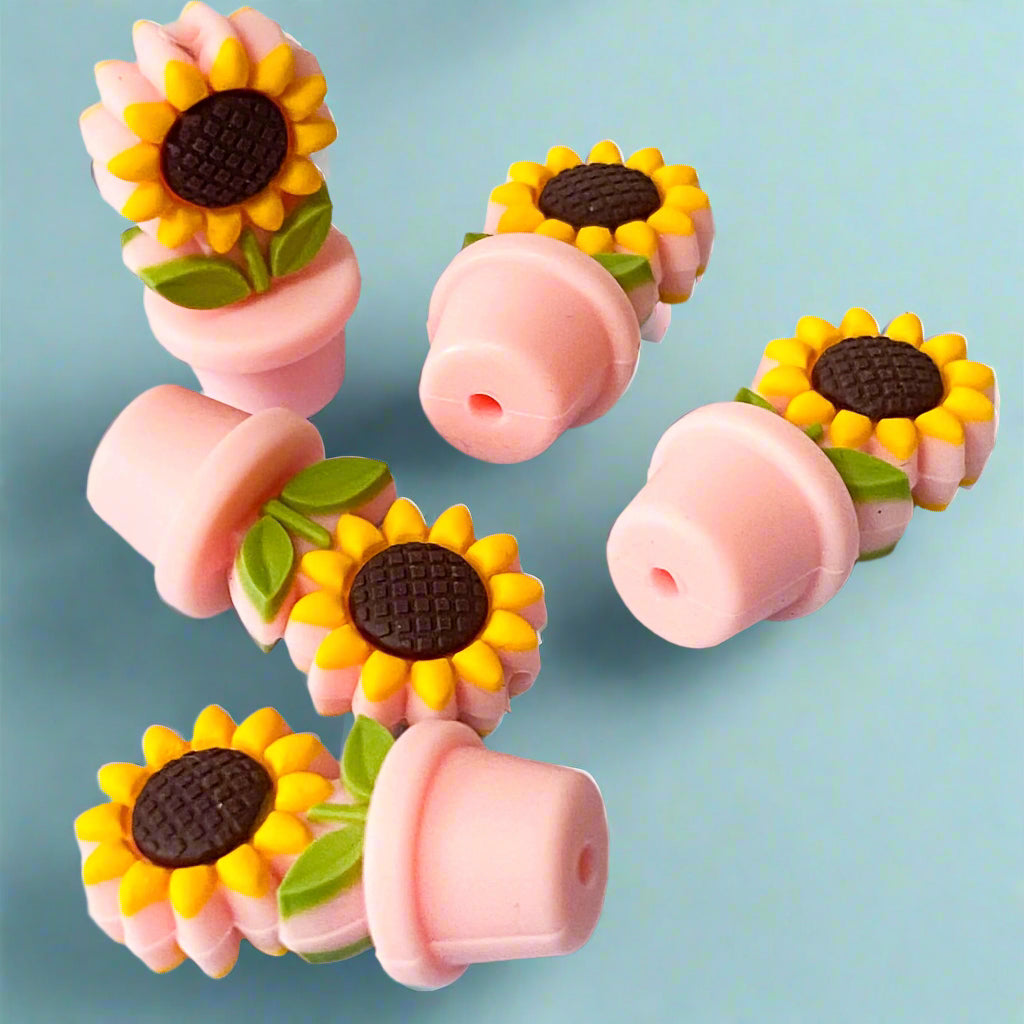 yellow sunflower sunflowers silicone bead beads in pink pot pots jumbo large 30mm uk cute kawaii craft supplies shop store beaded beading jewellery making pen pens