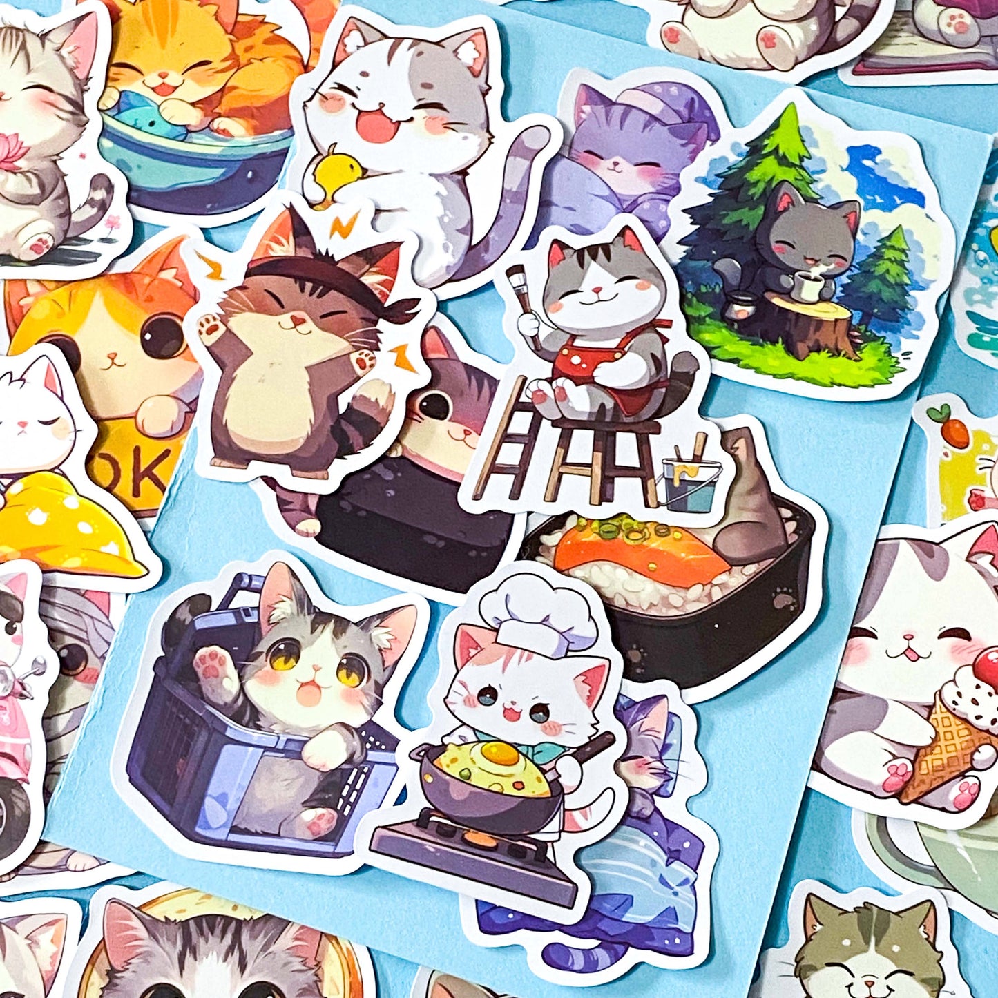 kawaii cat adventure laptop stickers pack with 50 colourful cute cartoon cat stickers on a blue background