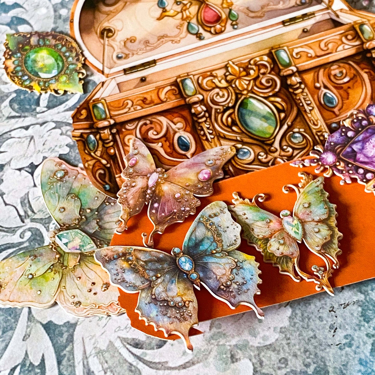 vintage tone card sticker set of 20 jewels and butterflies stickers in a treasure chest box