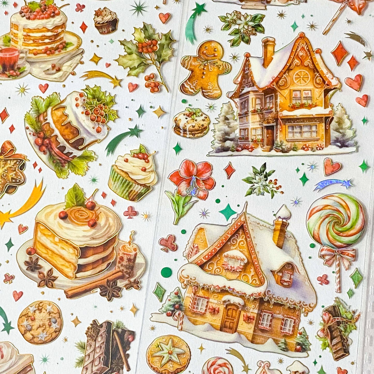 CHRISTMAS GINGERBREAD & CAKES Flat Holo Foil Stickers