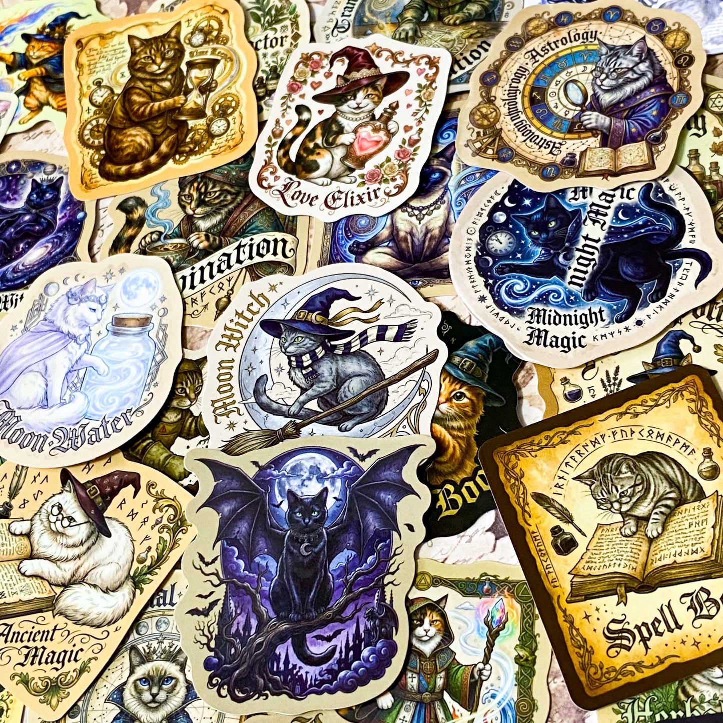 WITCHY CAT Magic Sticker Set - 50 Glossy Vintage Style Laptop Stickers (astrology, potion, spellbook cats)