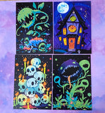 vibrant bright colourful kawaii halloween spooky set of postcard postcards post card cards uk  cute stationery gift gifts planner supplies pumpkin pumpkins ghost ghosts monster monsters scary bat bats haunted house houses black silhouettes forest skull skulls