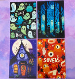 vibrant bright colourful kawaii halloween spooky set of postcard postcards post card cards uk  cute stationery gift gifts planner supplies pumpkin pumpkins ghost ghosts monster monsters scary bat bats haunted house houses black silhouettes forest skull skulls