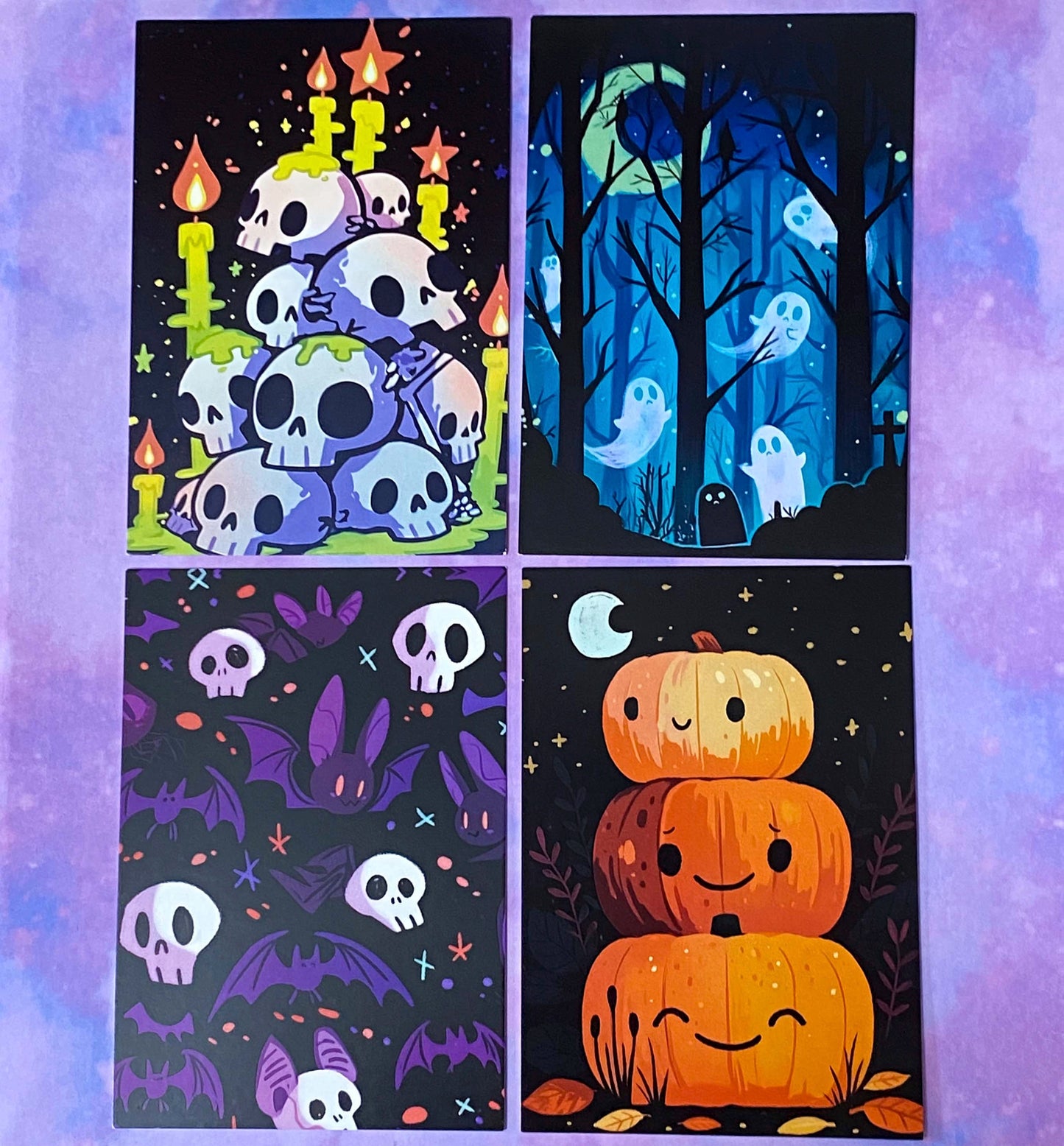 vibrant bright colourful kawaii halloween spooky set of postcard postcards post card cards uk cute stationery gift gifts planner supplies pumpkin pumpkins ghost ghosts monster monsters scary bat bats haunted house houses black silhouettes forest skull skulls