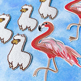 cute kawaii flamingo flamingos llama llamas alpaca alpacas iron on iron-on applique patch patches fabric embroidered beautiful craft supplies uk pink peach silver thread fluffy white large big jumbo