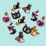spooky cat cats black witch witches halloween gold tone charm charms enamel uk cute kawaii pendant pendants books purple magic magical eyes hat potion poison bottle broomstick
