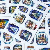 blue and white snow snowy sticker stickers sheet glossy festive christmas magic magical snow dome domes jar jars bottle bottles house houses cottage tree trees snowman snowmen pretty stationery uk cute kawaii gift gifts seal seals planner supplies