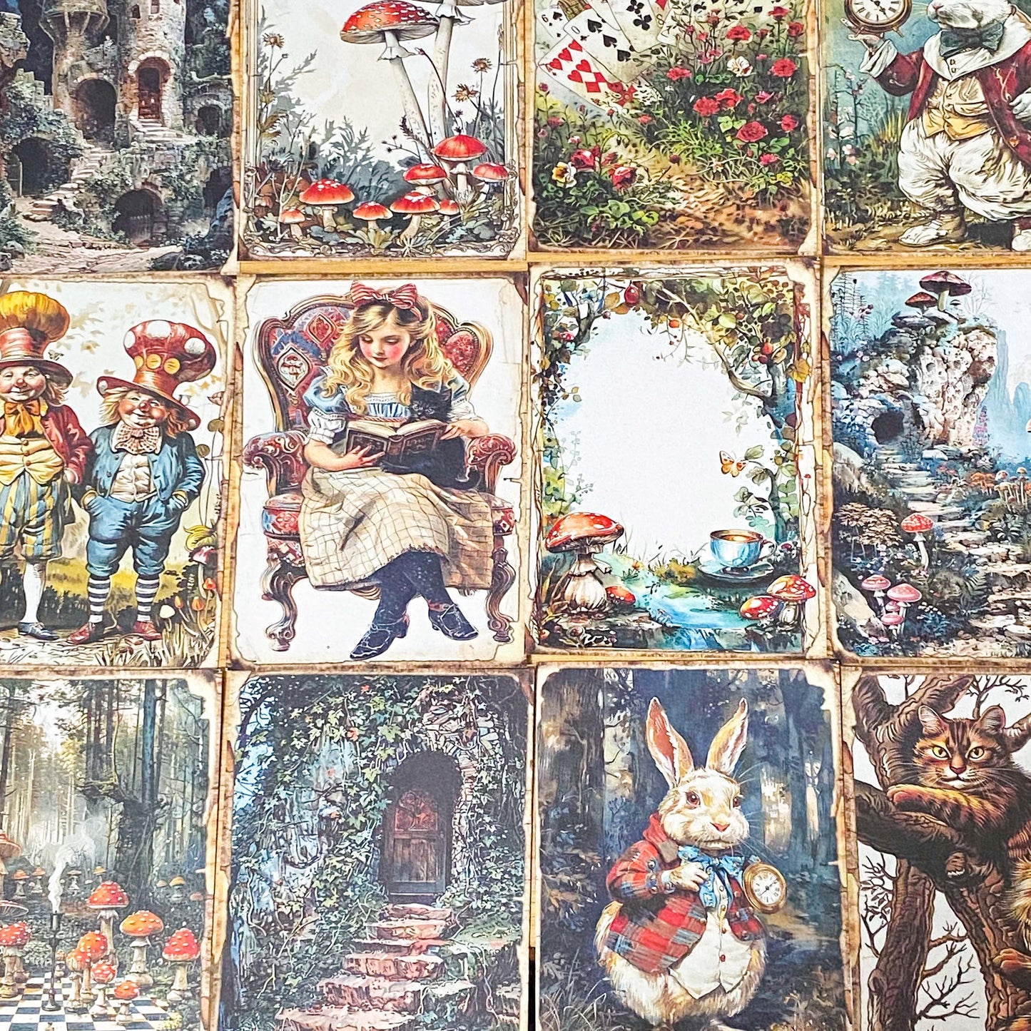 fantasy fairytale scrapbook papers featuring alice in wonderland, forest path, white rabbit with pocket watch, tweedle dum and tweedle dee and mushrooms