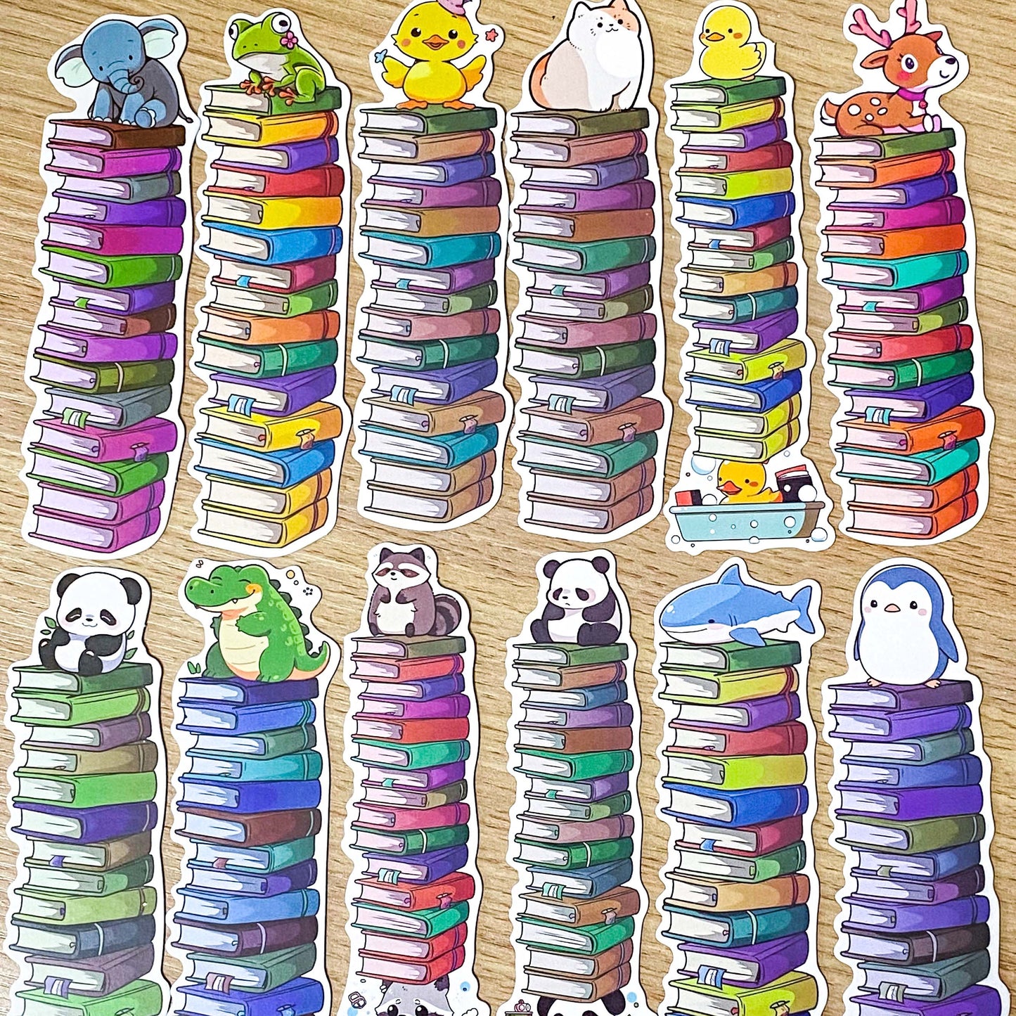 cute kawaii animal animals reading book books bookmark bookmarks card uk stationery shop store panda seal whale cat dog frog giraffe crocodile fox deer penguin bear mouse mushroom colourful tower