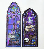 purple and blue and black halloween spooky card plastic bookmark bookmarks book marks uk cute kawaii stationery gift gifts shop store stained glass window windows vibrant colourful holo holographic foil