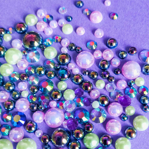 tiny small mini little gem gems embellishment embellishments halloween colours spooky purple lilac black ab iridescent half pearl pearls pearly green lime clear gem uk cute kawaii craft supplies bundle fb flatback flat back backs fbs faceted