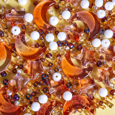 amber orange brown gold glass acrylic seed bead beads mix bundle moon moons star stars round white shimmer flecks uk cute kawaii craft supplies small