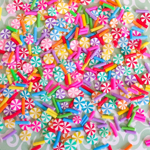 sprinkle sprinkles poly polymer clay slice slices fimo hundreds and thousands long bright colours rainbow pinwheel pin wheel wheels pinwheels swirl set 2g bag uk cute kawaii craft supplies nail art decoden