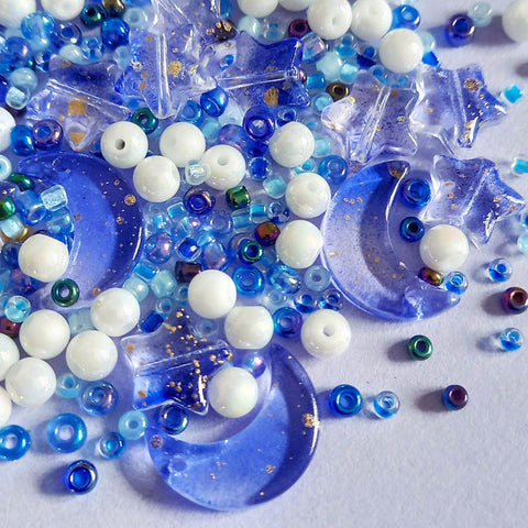 moon star moons stars glass acrylic plastic bead beads bundle 5g bag white ab round gold fleck golden purple lilac blue clear tiny little 1.5mm 2mm uk cute kawaii craft supplies special unusual galaxy
