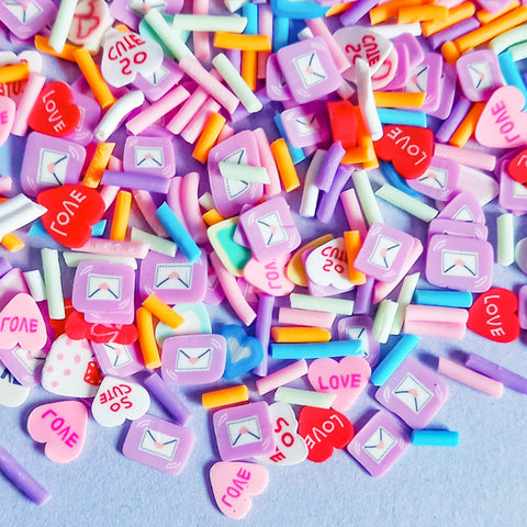 love letter letters lilac purple pink heart hearts sprinkle sprinkles polymer clay slice slices uk cute kawaii craft supplies red purple white hundreds and thousands bag envelope