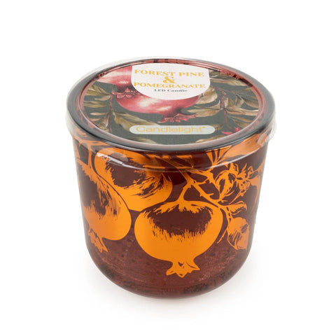led light up candle autumn winter christmas candlelight pomegranate and forest pine fir scent scented large glass jar pretty gold foil foiled container uk cute kawaii gift gifts shop store her women lady mum sister present big nature botanicals