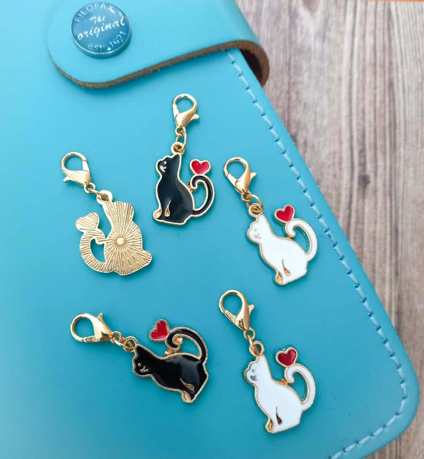 enamel black cat planner charm or stitch marker markers clip clips charms gold tone metal enamel planning uk cute kawaii gifts red heart white cats