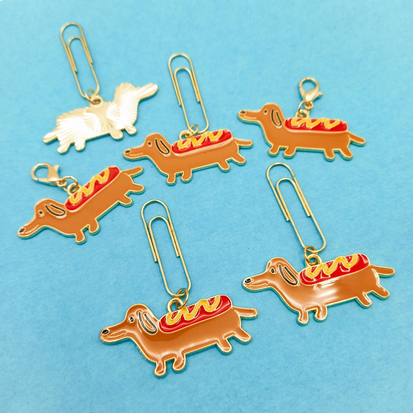 sausage dog dogs puppy dachshund planner clip clips paper charms charm gifts uk handmade hand made brown red yellow enamel planner gift gold tone metal hot dog