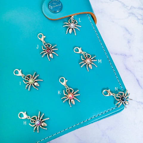 spider spiders halloween planner clip clips charm charms planning accessory uk silver metal gemstone stones pink blue grey lilac spooky gift gifts