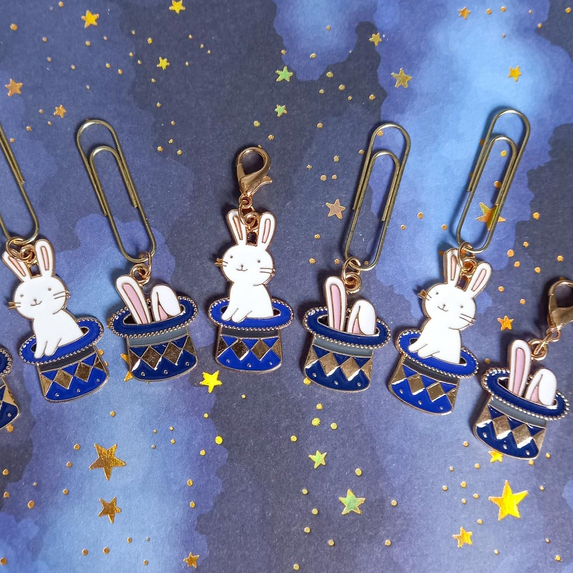 bunny in hat magic magical magician rabbit rabbits planner charm charms paper clips uk stationery cute kawaii blue navy gold metal enamel white bunnies