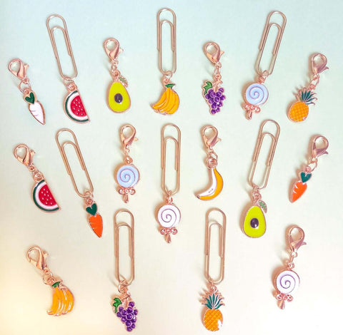 fruit fruits sweet lolly banana carrot grape grapes pineapple avocado planner charm charms clip clips paper accessory handmade uk gold tone metal watermelon water melon