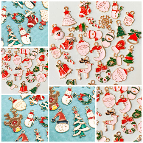 christmas enamel gold tone metal charm charms uk cute kawaii craft supplies festive father santa cat hat stocking tree snowman rudolph reindeer wreath moon candy cane bells rhinestone