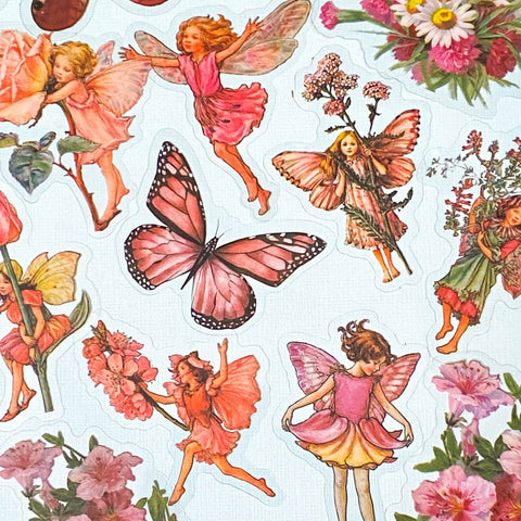 flower fairy fairies sticker stickers flake flakes clear plastic pack uk cute kawaii stationery butterfly butterflies flower flowers floral pretty pink rose yellow peach vintage retro garden daisy blossom illustration illustrations