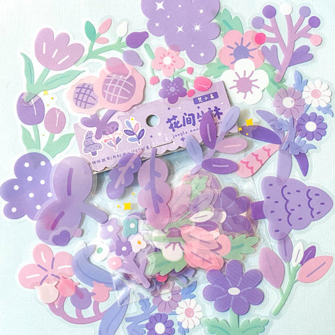 lilac purple pink white spring flower flowers sticker stickers flake flakes pack set of 40 20 uk cute kawaii stationery blossoms blossom leaves clear plastic pet big blooms summer planner supplies
