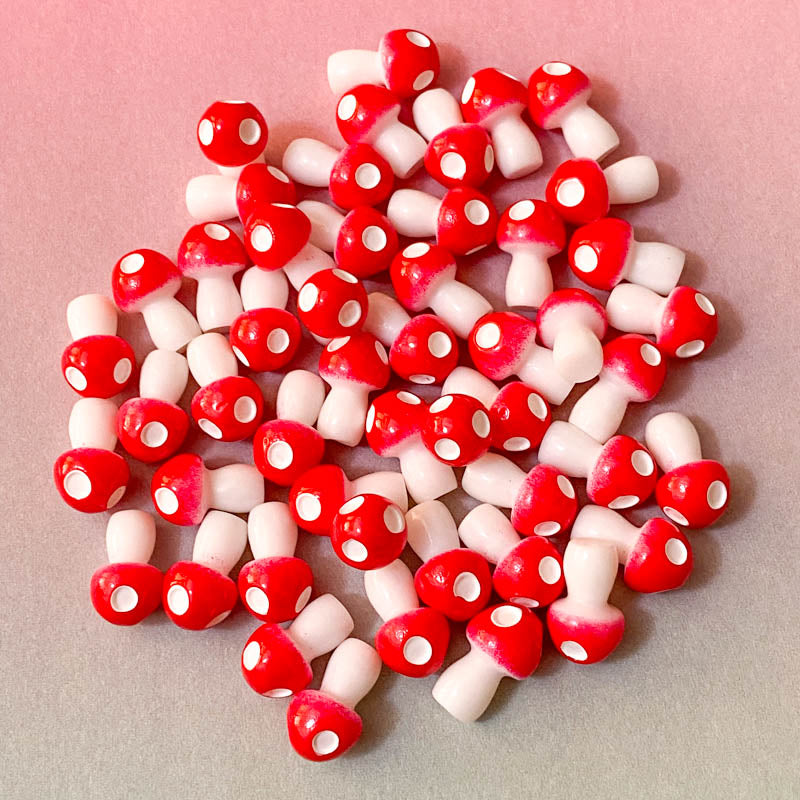 mini small red resin mushroom mushrooms toadstool flatback flat back backs fbs embellishment uk cute kawaii craft supplies spotted spots white little toadstools resins