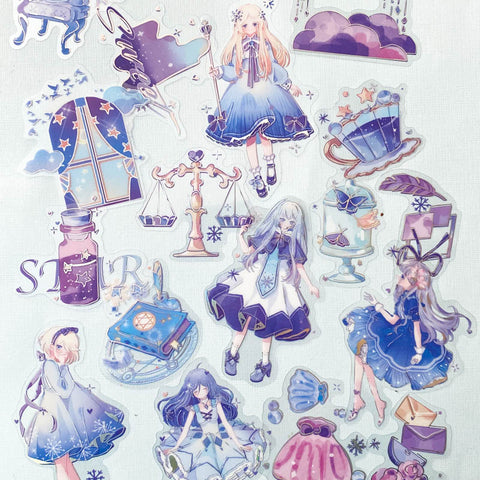 magic magical fantasy clear plastic sticker flake flakes pack 40 purple lilac blue holographic silver foil stickers girls girl cup bottle potion spell book jar feather star starts moon moons galaxy sky cloud clouds scales shell pink uk stationery planner supplies cute kawaii