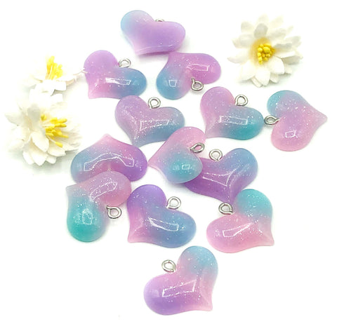 heart ombre resin glitter charm charms hearts 22mm uk cute kawaii craft supplies charms glittery pink purple lilac turquoise pastel silver hook