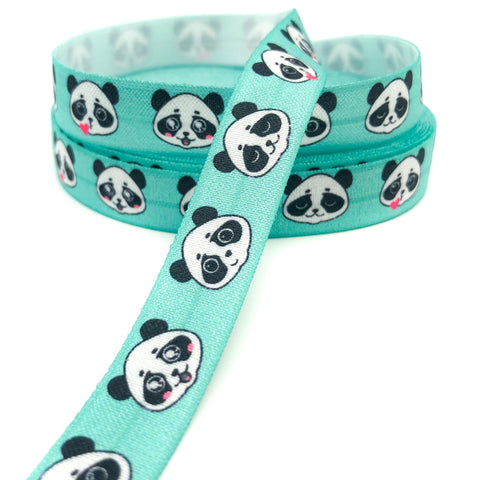 Last few yards-Just 40p! Turquoise Panda Faces Elastic Ribbon 15mm