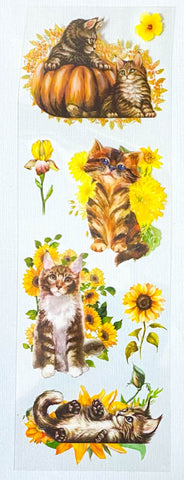 sunflower golden yellow orange flowers cat cats pretty kittens plastic clear sticker stickers sheet garden tabby tabbies grey brown floral uk stationery cute kawaii