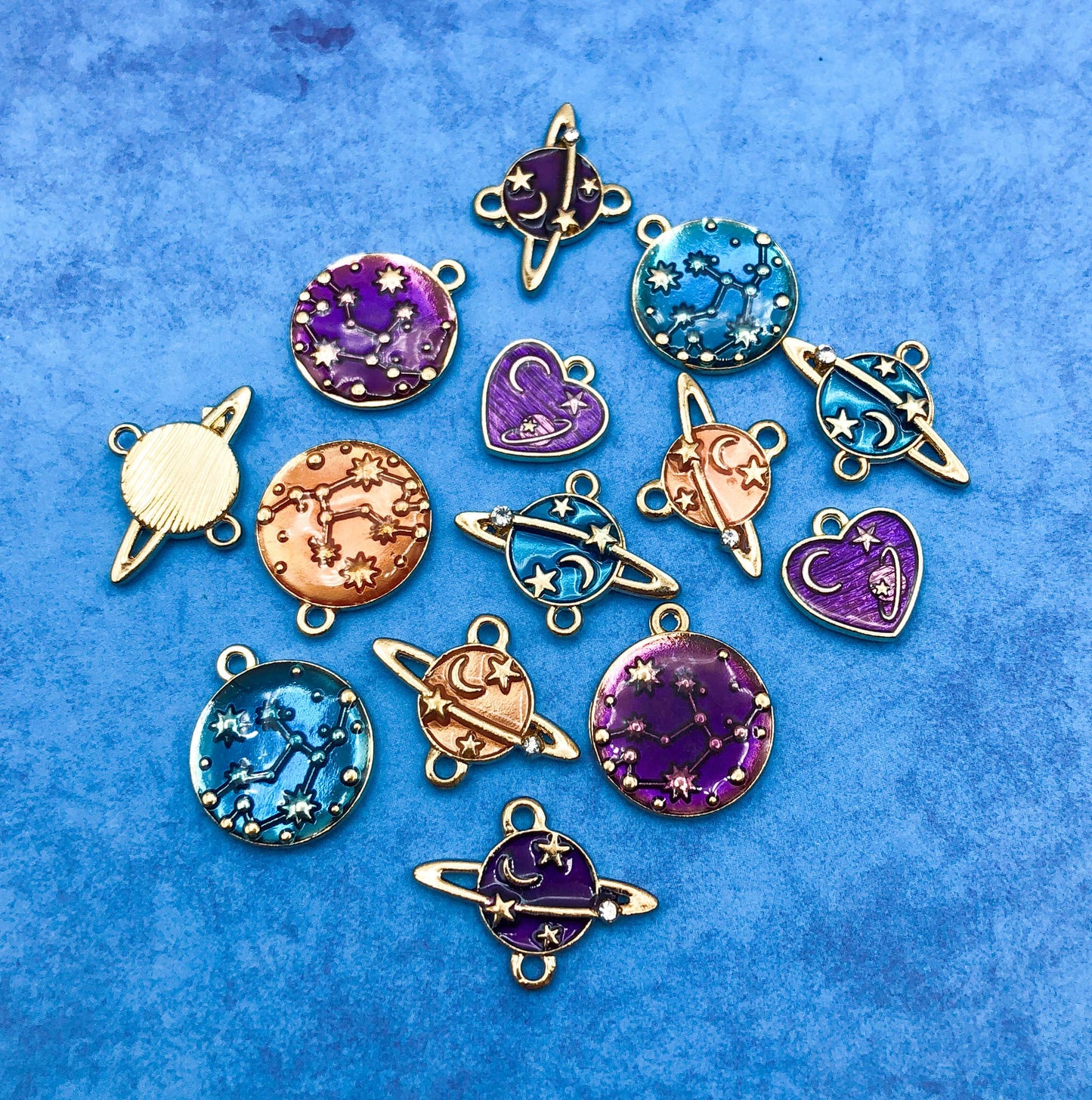 planet planets stars galaxy space themed gold tone rhinestone metal charm charms blue purple orange uk cute kawaii craft supplies heart connector connectors