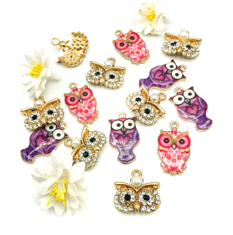 owl owls charms gold tone charm rhinestone and enamel
