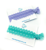 lace lacy elastic single hair tie ties elastics pretty cute uk hand made handmade bows hair elastics band gift lilac purple turquoise