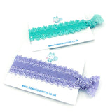 lace lacy elastic single hair tie ties elastics pretty cute uk hand made handmade bows hair elastics band gift lilac purple turquoise