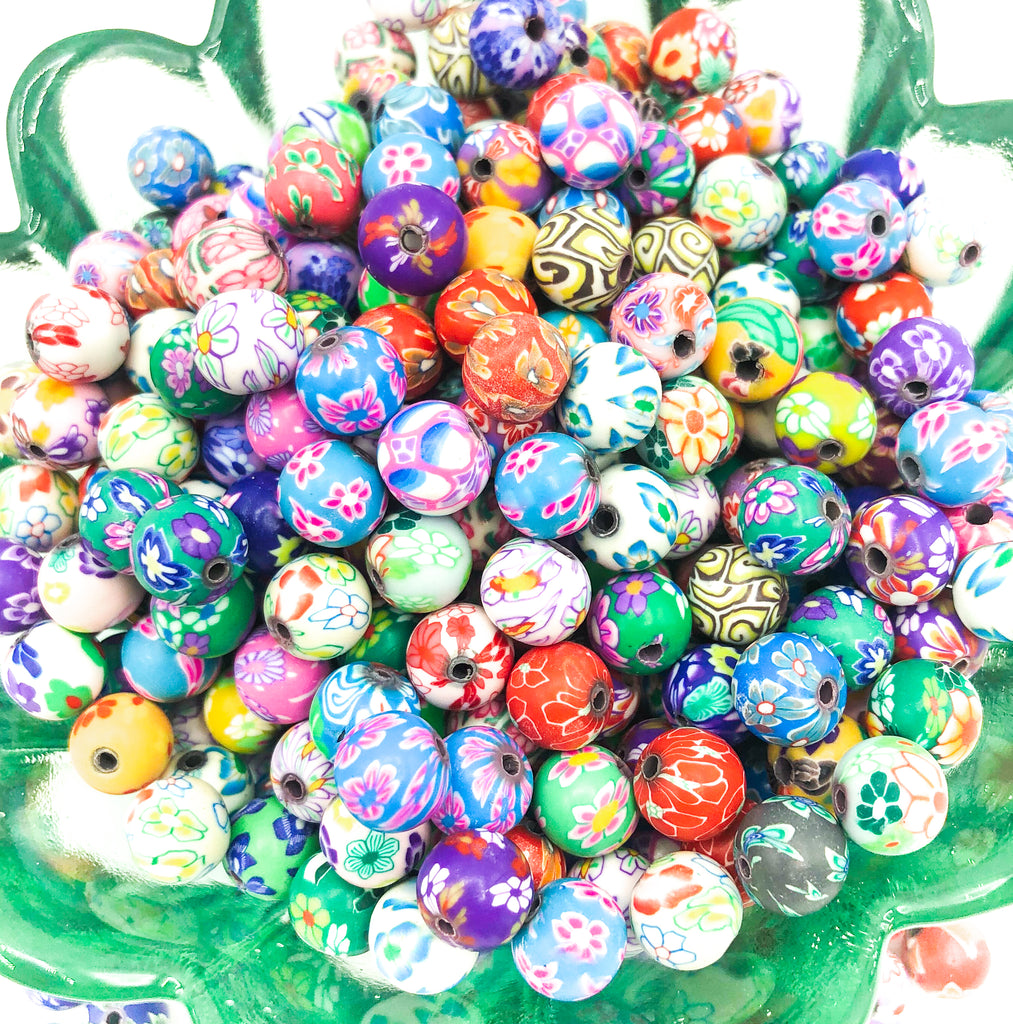 Polymer Clay Beads Assorted Lot 8mm Round Floral Flower Pattern 80pcs Bulk